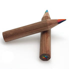 Two stubby wooden colored pencils crossed on a plain white background, showing the natural wood grain and multicolored rainbow pencil tips.