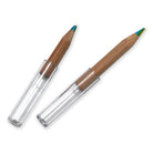 Two stubby rainbow pencils with clear plastic pencil extenders to give longer life, shown on a plain white background.