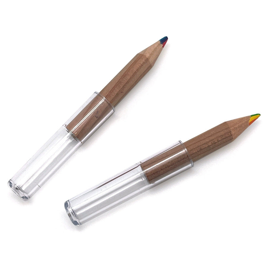 Rainbow pencils sharpened down to stubby ends with clear plastic pencil cap extenders for longer use shown on a plain white background.