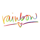 The word 'rainbow' is written in a colorful, magic swirl rainbow writing, hand-drawn cursive style with a small heart all on a plain white background.