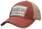 Red and beige cap with 'American Girl' patch on a white background
