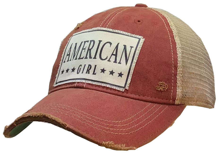 Red and beige cap with 'American Girl' patch on a white background