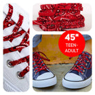 Red bandana-patterned shoelaces on a white sneaker, displayed with a red circle indicating size '45' for teen-adults.