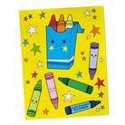 Sketchbook with colorful crayons and a box on a yellow background with stars