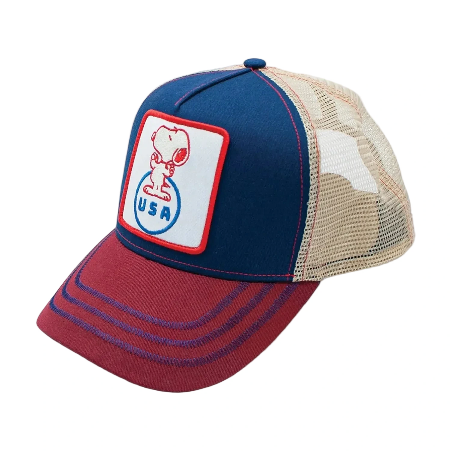 Trucker hat with a patch featuring Snoopy and 'USA' text on a white background
