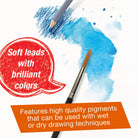 Blue watercolor swatch with a pencil and brush, featuring text about soft leads and high-quality pigments.