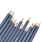 Watercolor pencils with 12 pastel colors against a white background