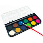 Open pallet of watercolor paints with 12 colors and a paint brush