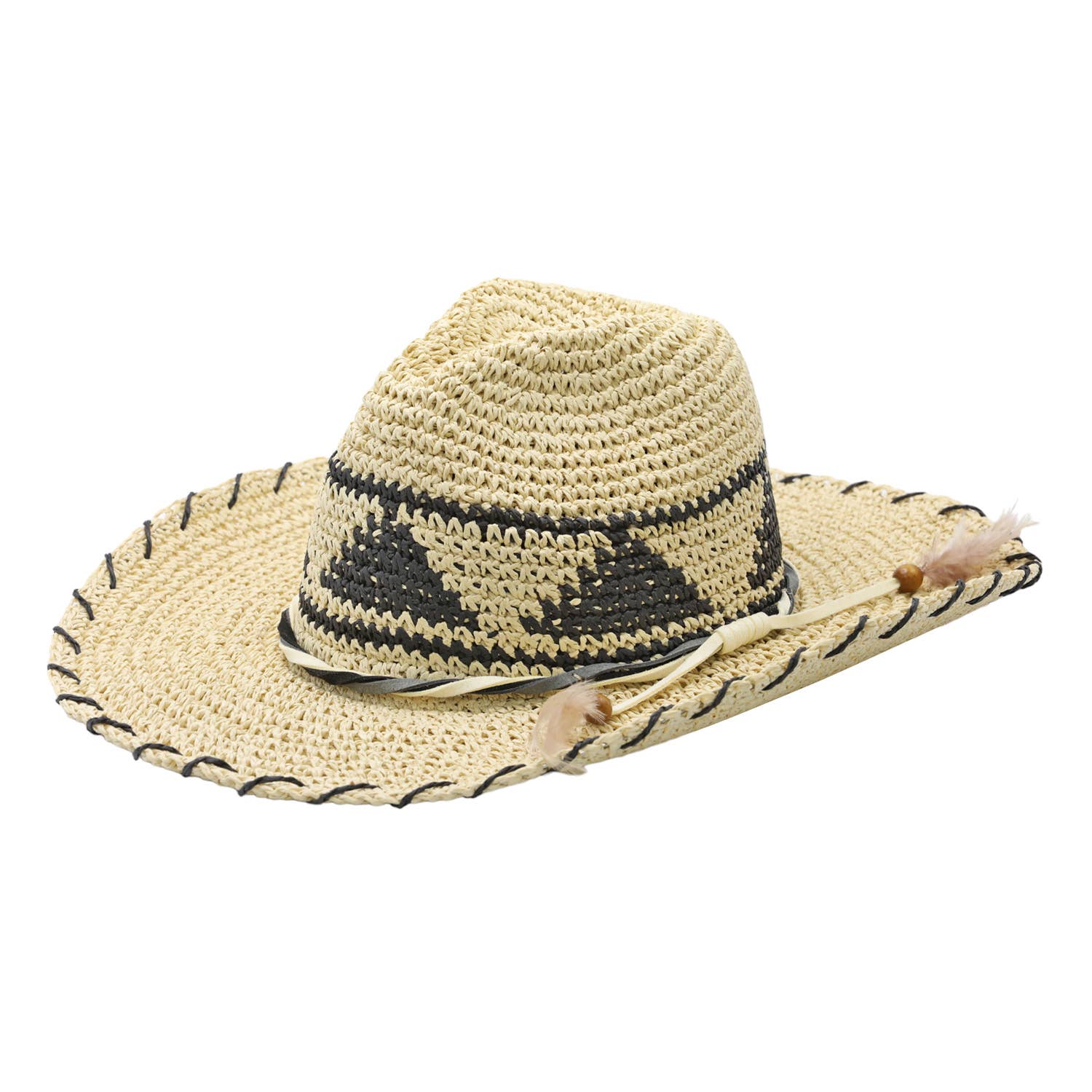 Straw hat with black band and feather on a white background