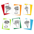 Set of flower theme greeting cards with bold and easy coloring lines illustrations of watering can, boots, umbrellas filled with flowers to color in