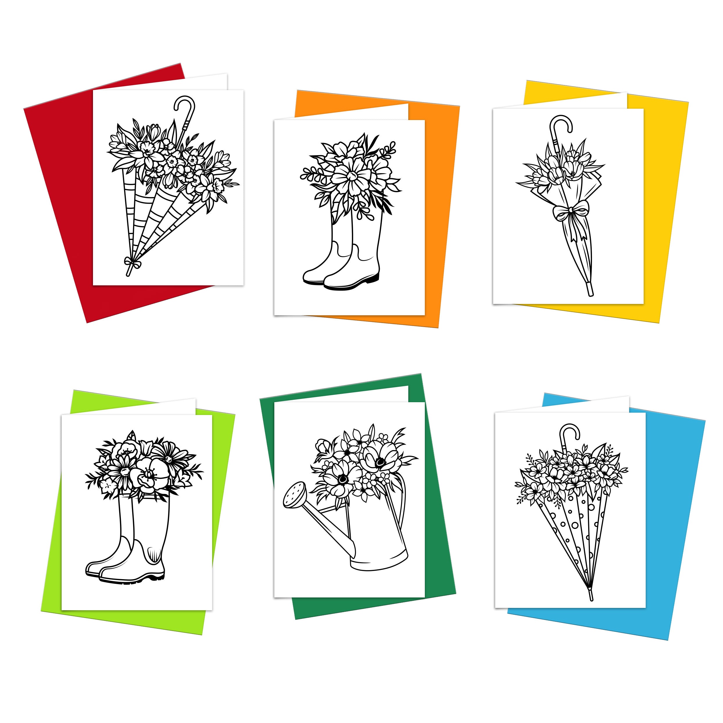 Set of flower theme greeting cards with bold and easy coloring lines illustrations of watering can, boots, umbrellas filled with flowers to color in