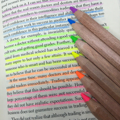 Set of pencils highlighters from Stubby Pencil Studio showing how they can highlight thin pages without leaking or bleeding. 