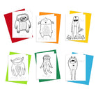 A set of six coloring cards with various cute monster illustrations, each card is outlined and colored in different colors with blank interiors for writing messages.