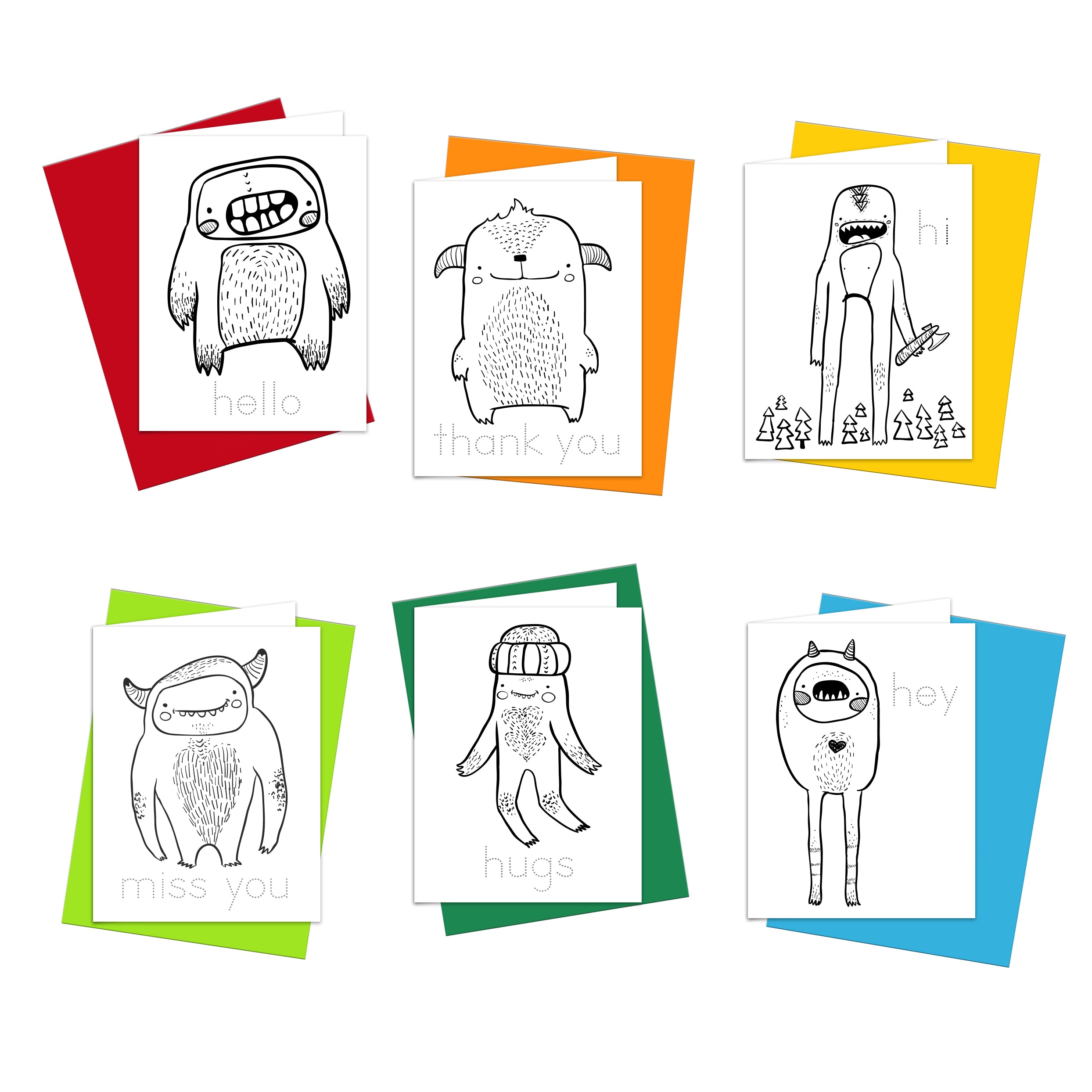 A set of six coloring cards with various cute monster illustrations, each card is outlined and colored in different colors with blank interiors for writing messages.