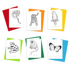 A collection of coloring cards with rainforest animal illustrations including a snake, monkey, jaguar, frog, and lorikeet, each on a colored envelope.