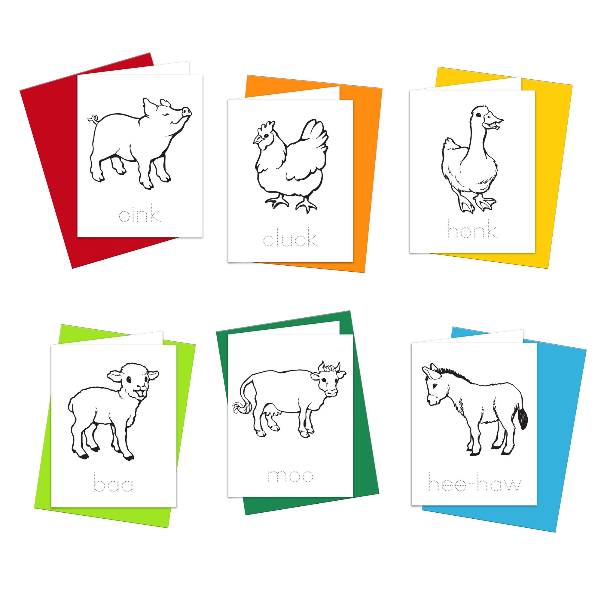 A set of six coloring cards with farm animals illustrations, each labeled with words representing the sound the animal makes, such as 'baa', 'oink', 'moo', 'honk', 'hee-haw', and 'cluck'. The cards are displayed on a white background with a variety of solid colored envelopes behind each card.