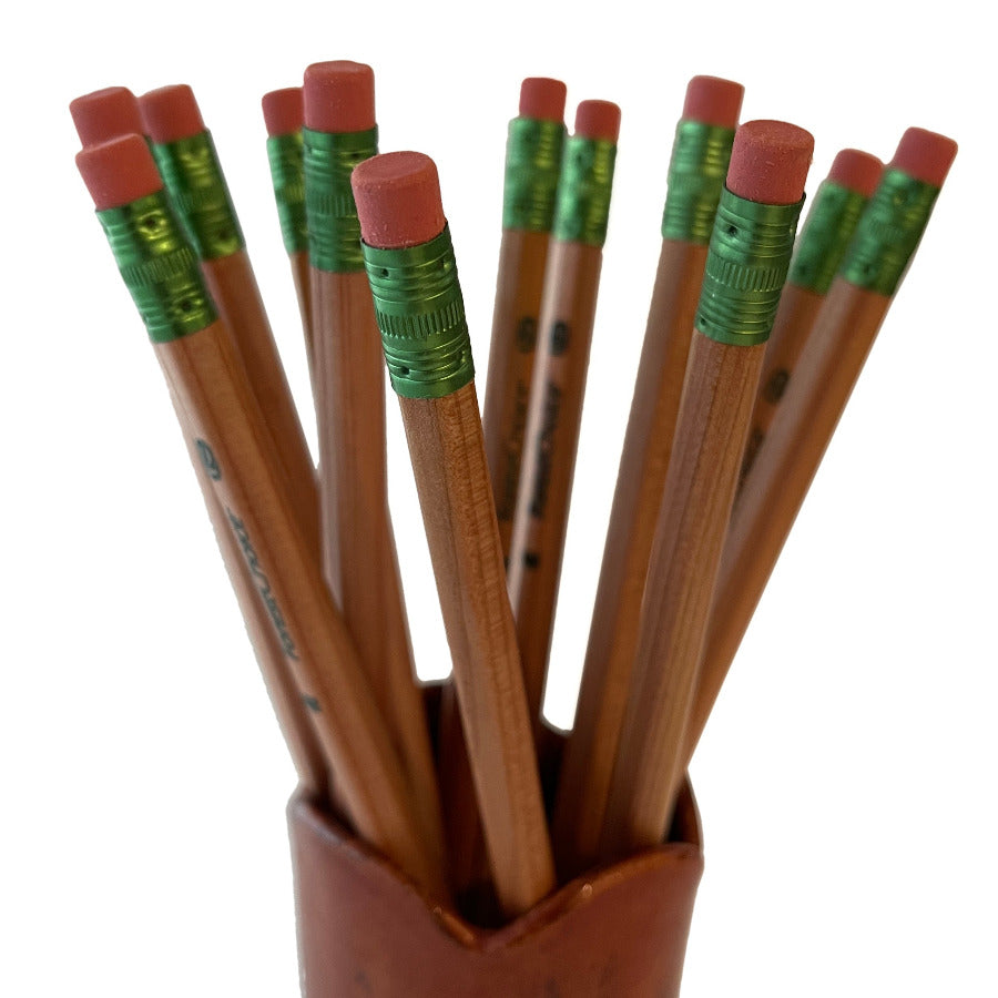 Close up photo of eco friendly #2 pencils made from natural cedar wood displayed in a pencil holder on a white background