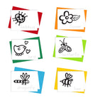 A collection of six coloring cards with colorful envelopes, each featuring a black and white illustration of a garden-related subject, such as a bee, butterfly, flower, bird, dragonfly, and ladybug, intended for kids to color in.
