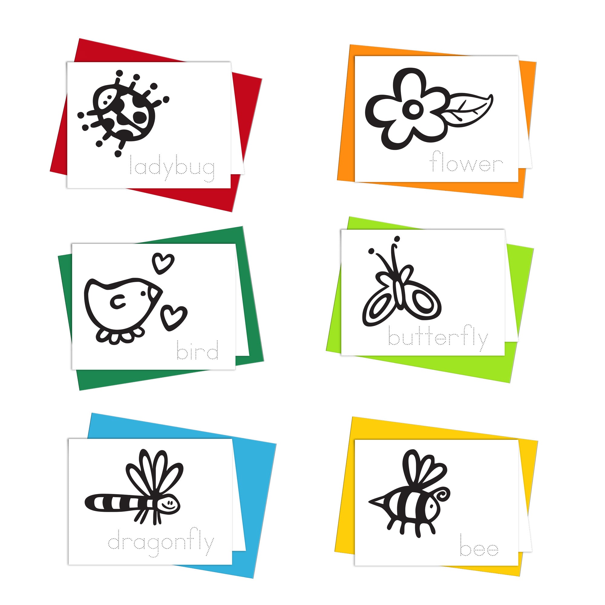 A collection of six coloring cards with colorful envelopes, each featuring a black and white illustration of a garden-related subject, such as a bee, butterfly, flower, bird, dragonfly, and ladybug, intended for kids to color in.