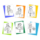 A set of six coloring cards with various Halloween Trick-or-Treat themed illustrations, such as characters in costumes and a pumpkin, designed for kids to color.