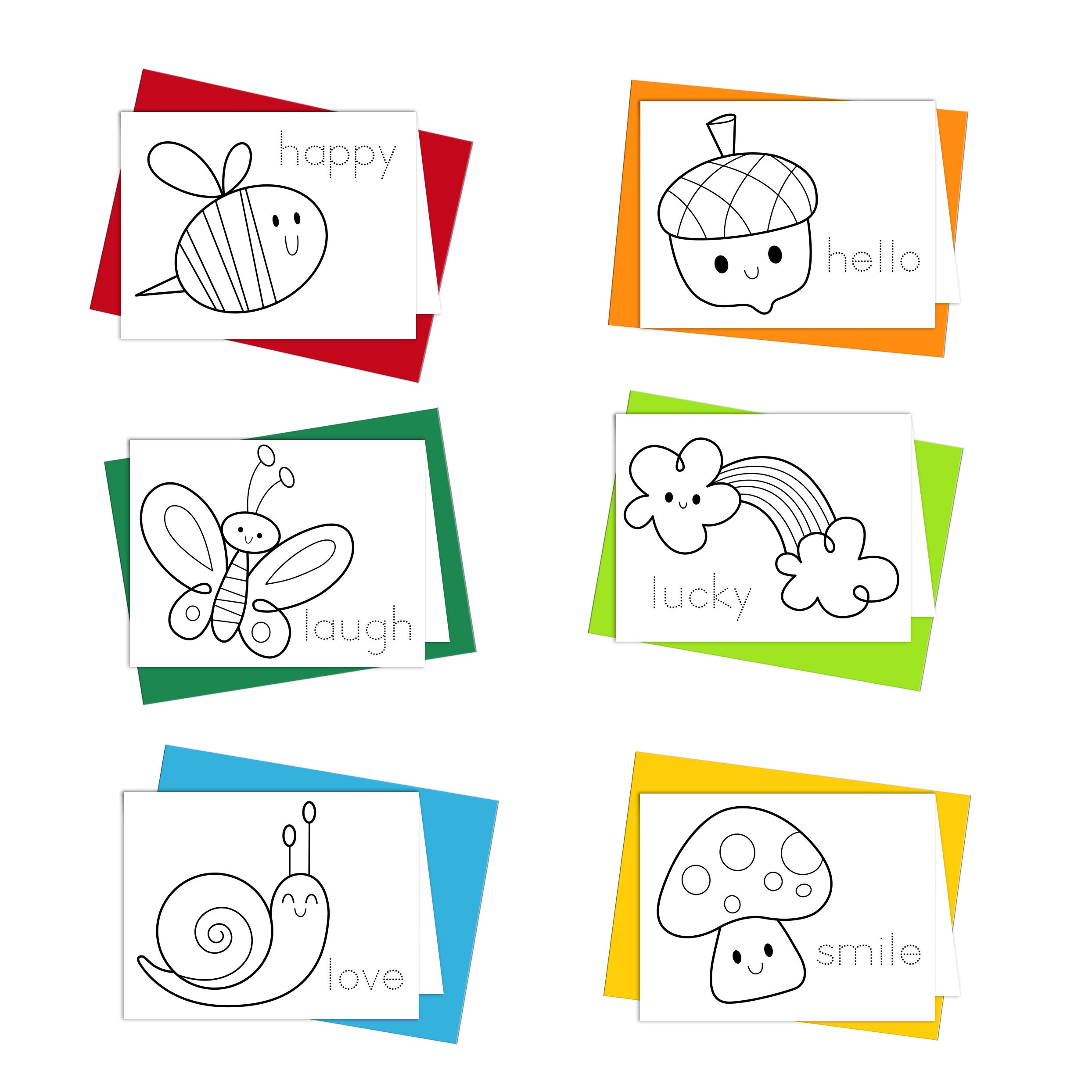 A set of six coloring cards with colorful borders and cute animal and nature-related illustrations, each with a positive word. The cards are displayed against a white background.