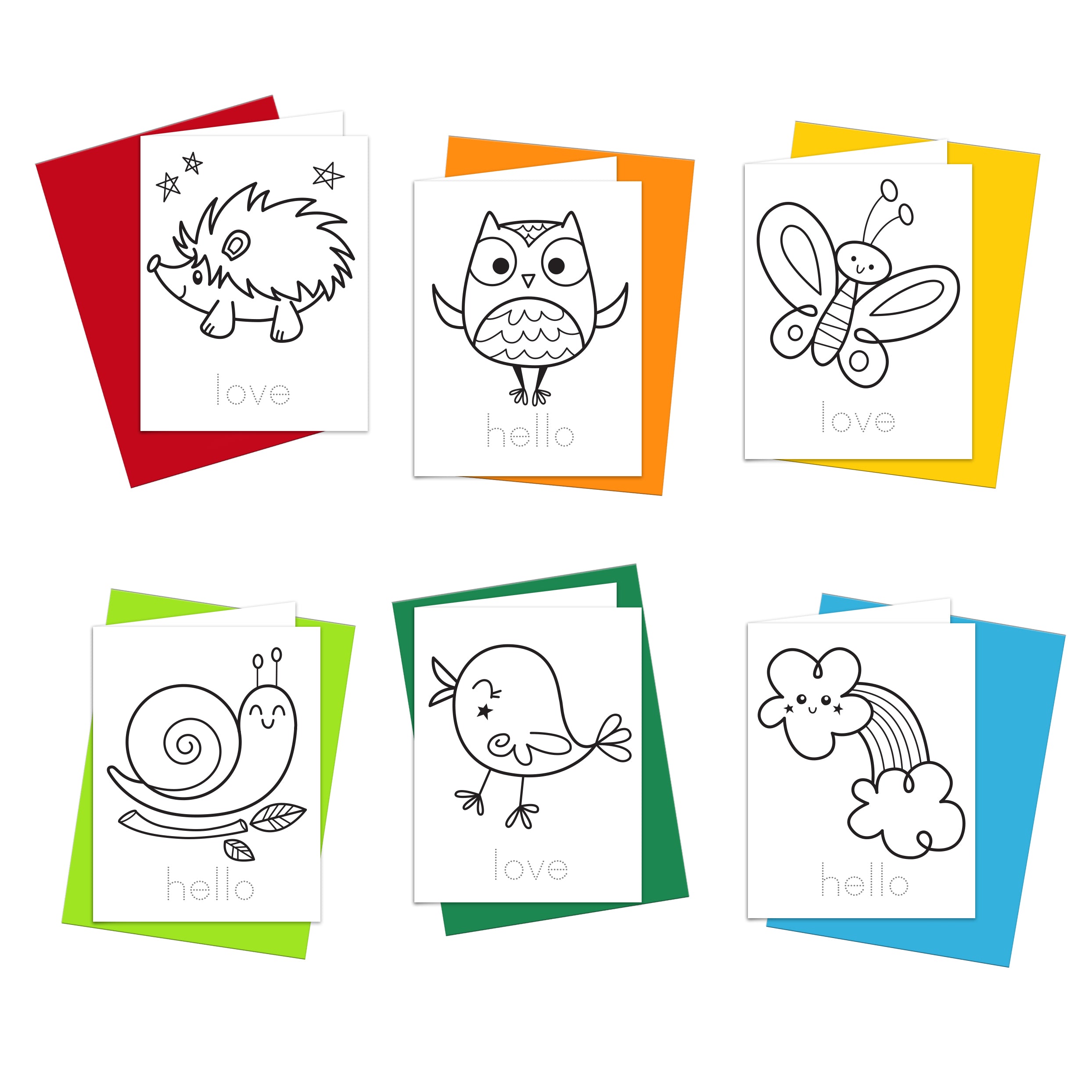 A set of six colorful greeting cards with various cute animal illustrations and the words 'hello' and 'love' printed on them. Each card has a colored envelope.