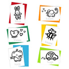 A collection of coloring cards with various cute animal illustrations and the words 'hugs' and 'kisses' printed on them. The cards are displayed on a white background.