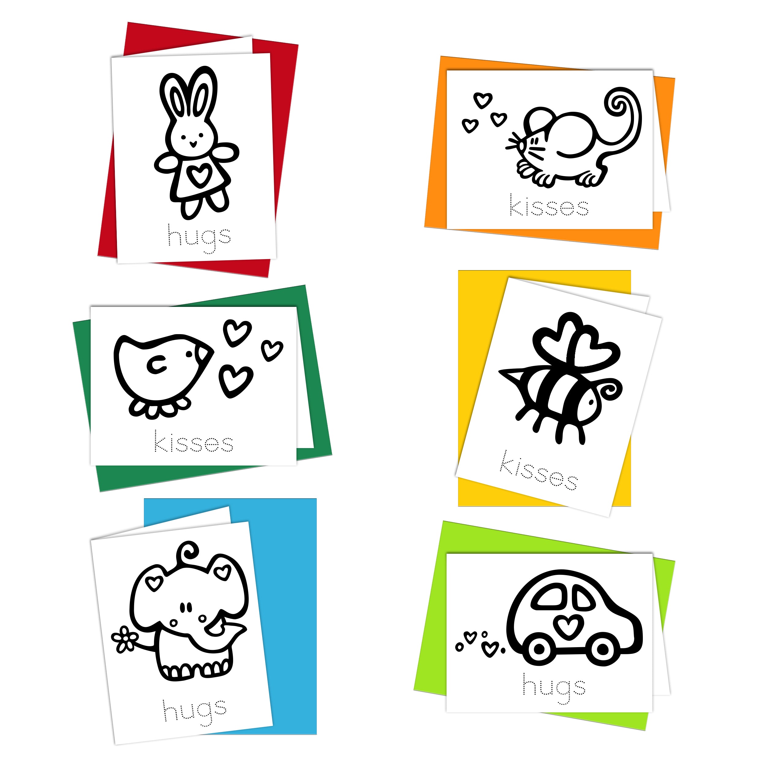 A collection of coloring cards with various cute animal illustrations and the words 'hugs' and 'kisses' printed on them. The cards are displayed on a white background.