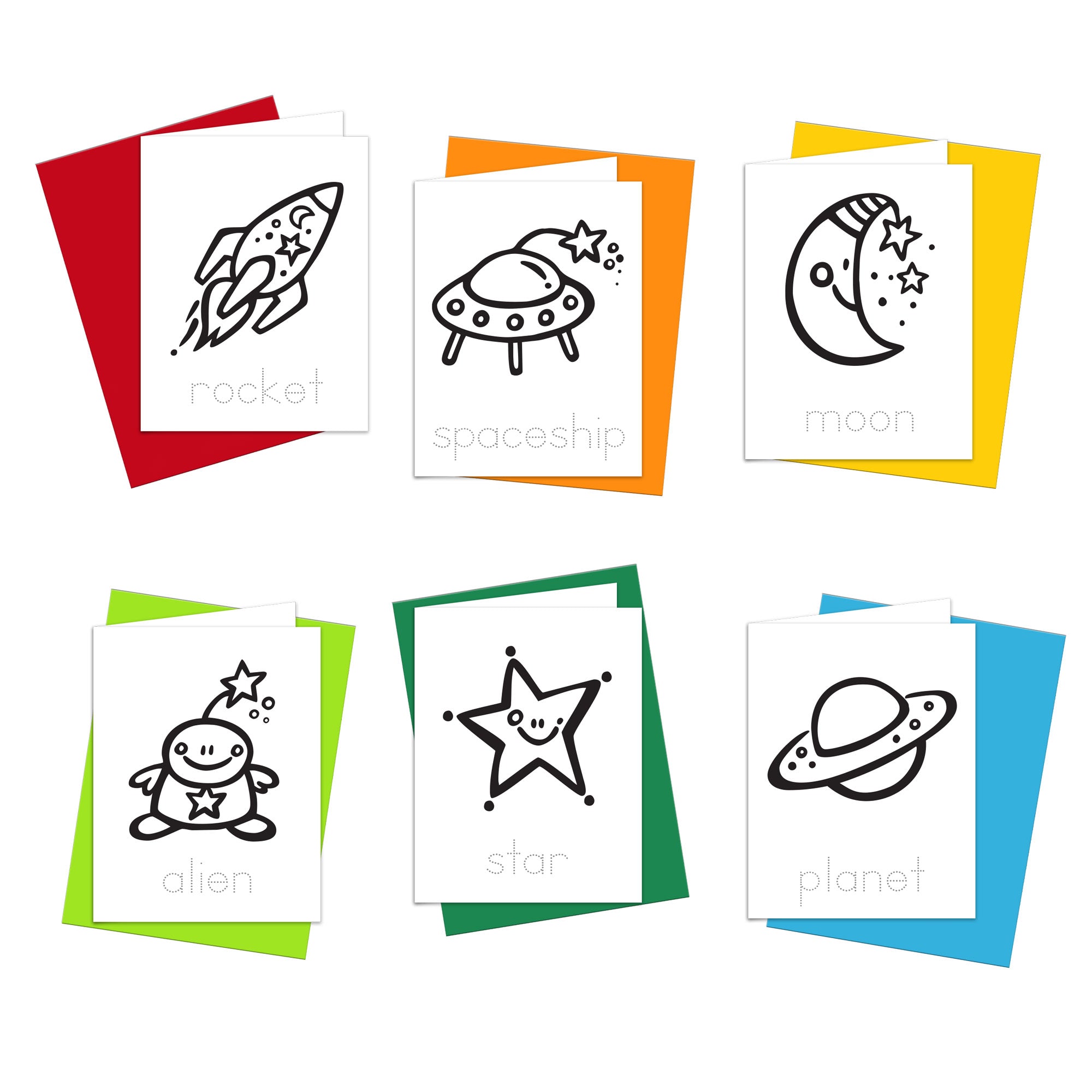 A collection of space-themed coloring greeting cards with various illustrations such as a rocket, planet, alien, moon, spaceship, and star. Each card is accompanied by a colored envelope.