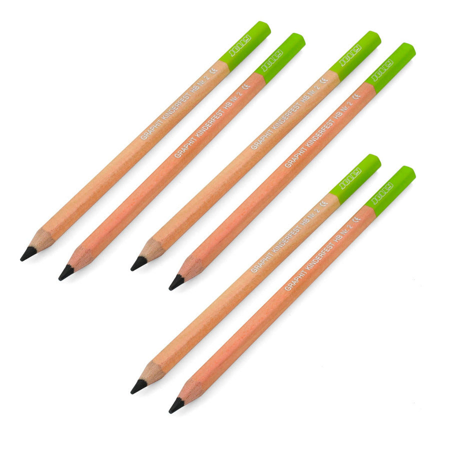Set of 6 Jolly Kinderfest pencils with HB graphite (#2 pencils) for writing and drawing. The photo shows the entire pencil with natural finish and green dipped end cap (no eraser) set against a white background