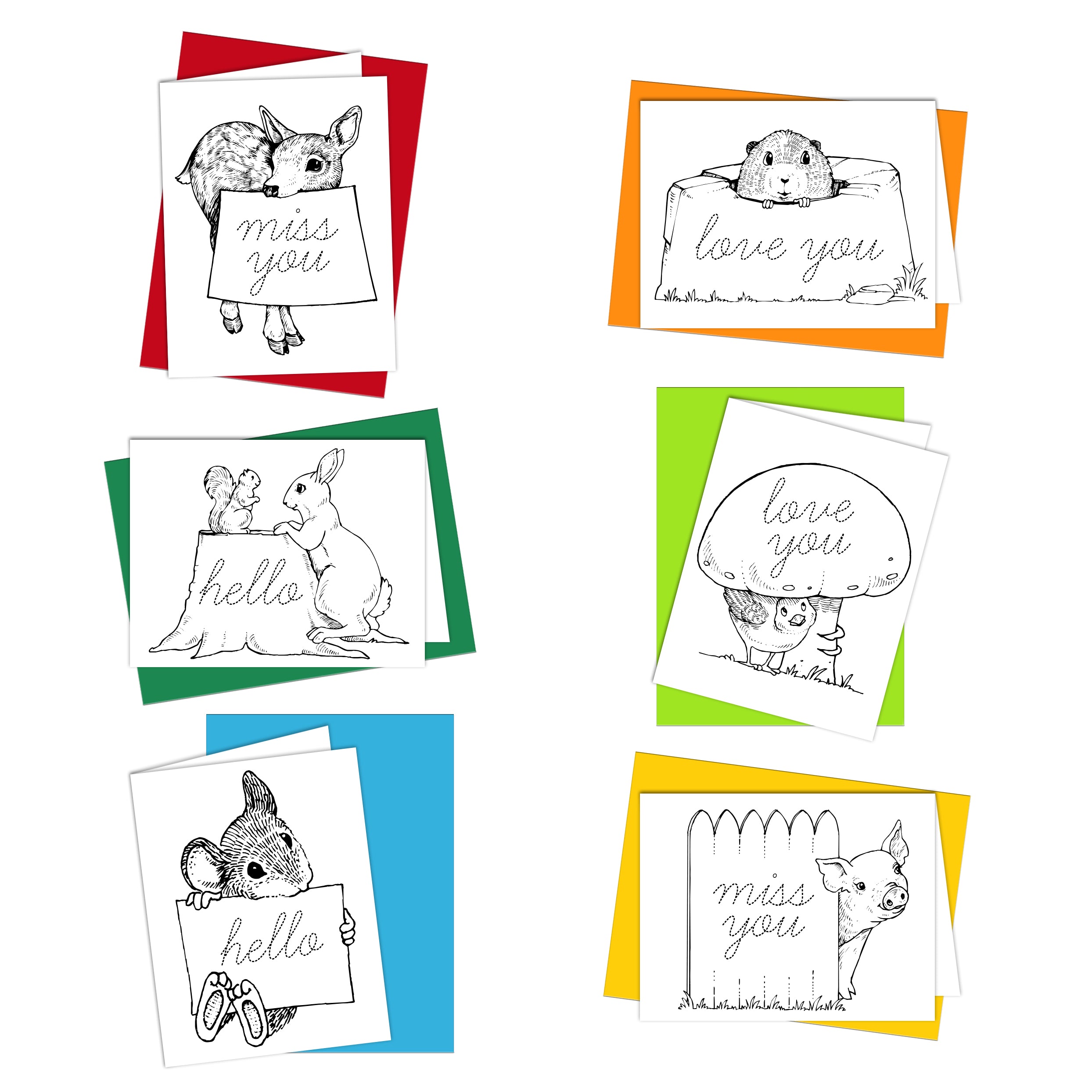 A collection of coloring cards with various cute animal illustrations and phrases like 'love you' and 'miss you' written in cursive. The cards are displayed on a white background with colorful envelopes.