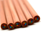 Six wooden pencils arranged in a fan shape on a white background, showing their multi-color rainbow core on the ends.