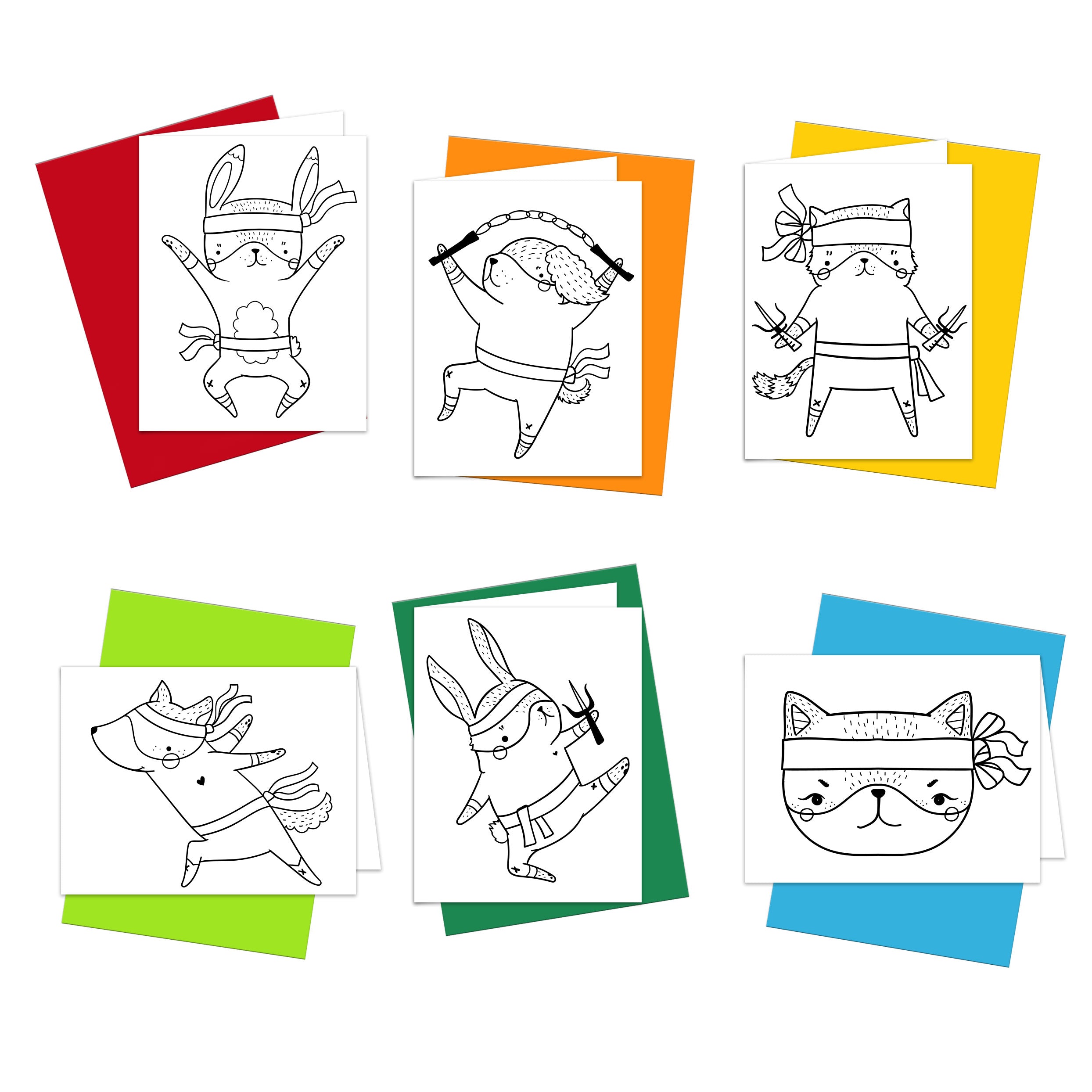 A set of note cards with various Ninja animals in bold and easy coloring book style, displayed on a white background.