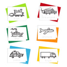 A collection of six vehicle-themed coloring cards including a train, fire engine, ship, police car, airplane, and truck, each card bordered in a different color and labeled with the vehicle name.
