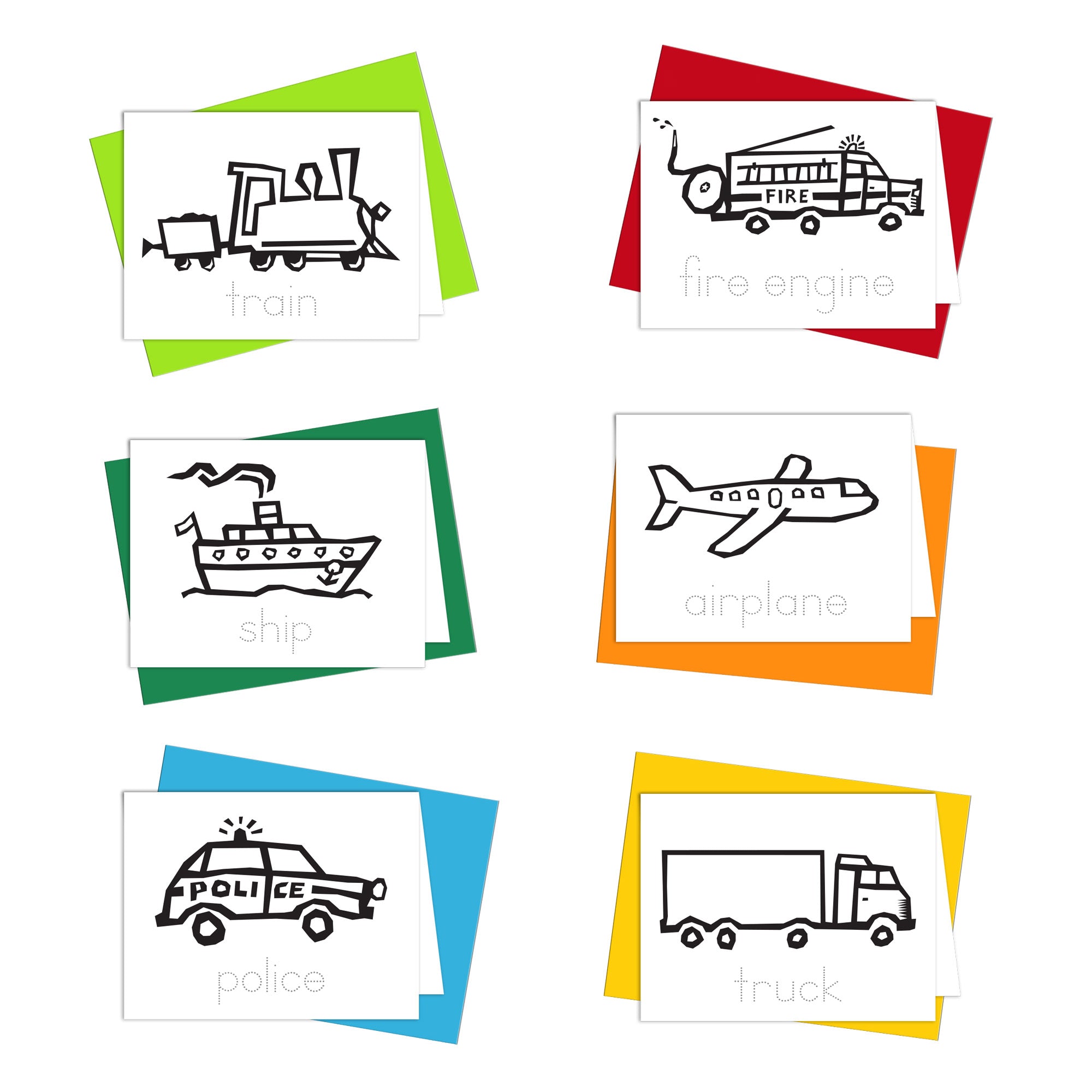 A collection of six vehicle-themed coloring cards including a train, fire engine, ship, police car, airplane, and truck, each card bordered in a different color and labeled with the vehicle name.