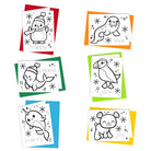 A set of six coloring notecards with envelopes, each featuring a cute arctic animal and a word to color-in, such as 'happy', 'love', and 'peace'. The cards are displayed against a white background.