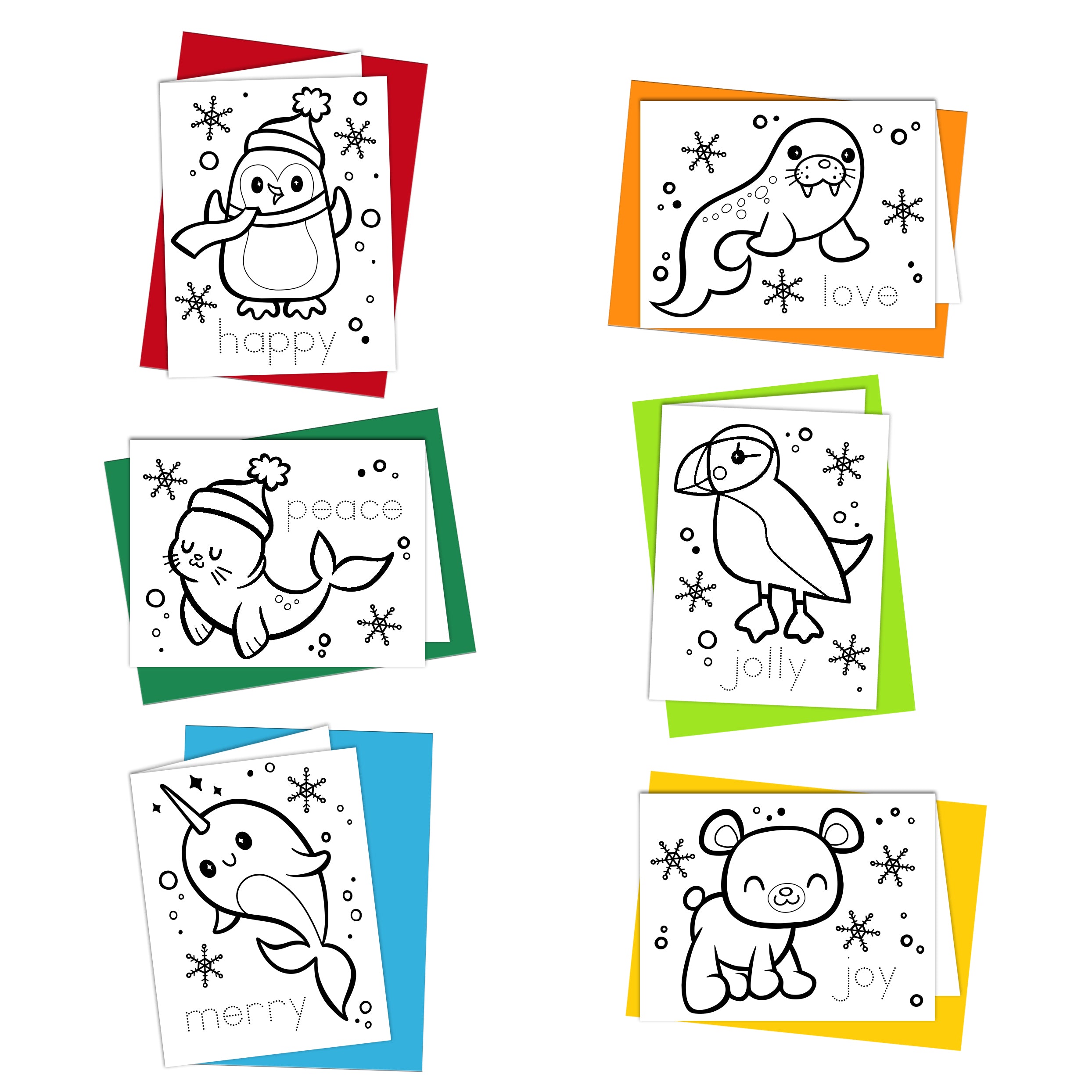 A set of six coloring notecards with envelopes, each featuring a cute arctic animal and a word to color-in, such as 'happy', 'love', and 'peace'. The cards are displayed against a white background.