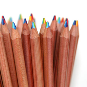A collection of triangular rainbow core pencils with erasers, displaying a variety of colors at the tips.
