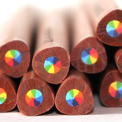 Rainbow multi colored pencils showing the 7 colors in each pencil