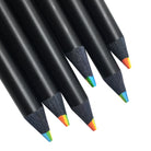 A set of black pencils with multicolored tips representing a rainbow, with the tips sharpened to show the rainbow core.