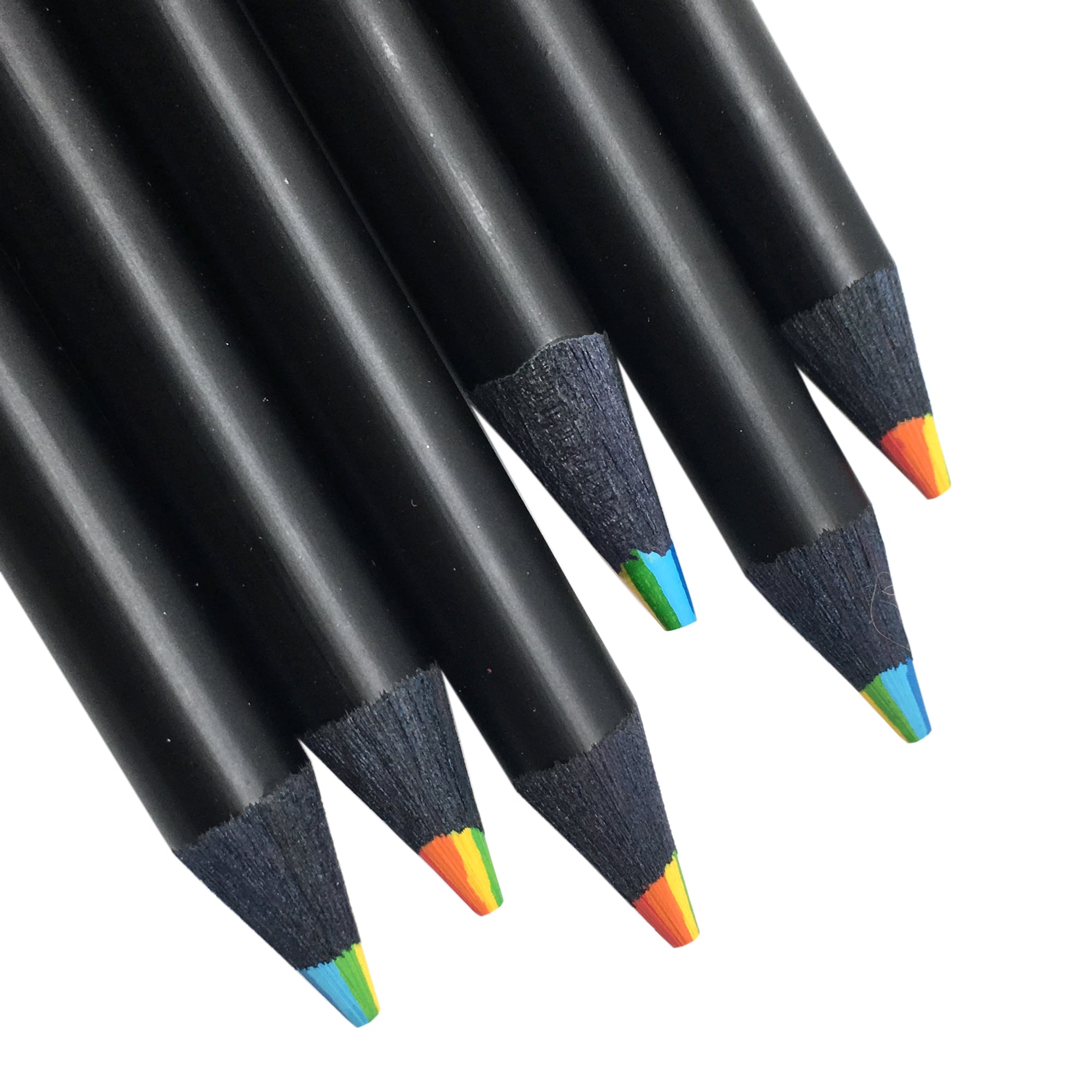 A set of black pencils with multicolored tips representing a rainbow, with the tips sharpened to show the rainbow core.