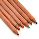 A set of round natural cedar wood pencils with multicolored tips representing a rainbow spectrum. 7 colors in 1 pencil.