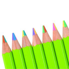 6 rainbow pencils with bright green barrel and multi-color core sharpened and on a white background.