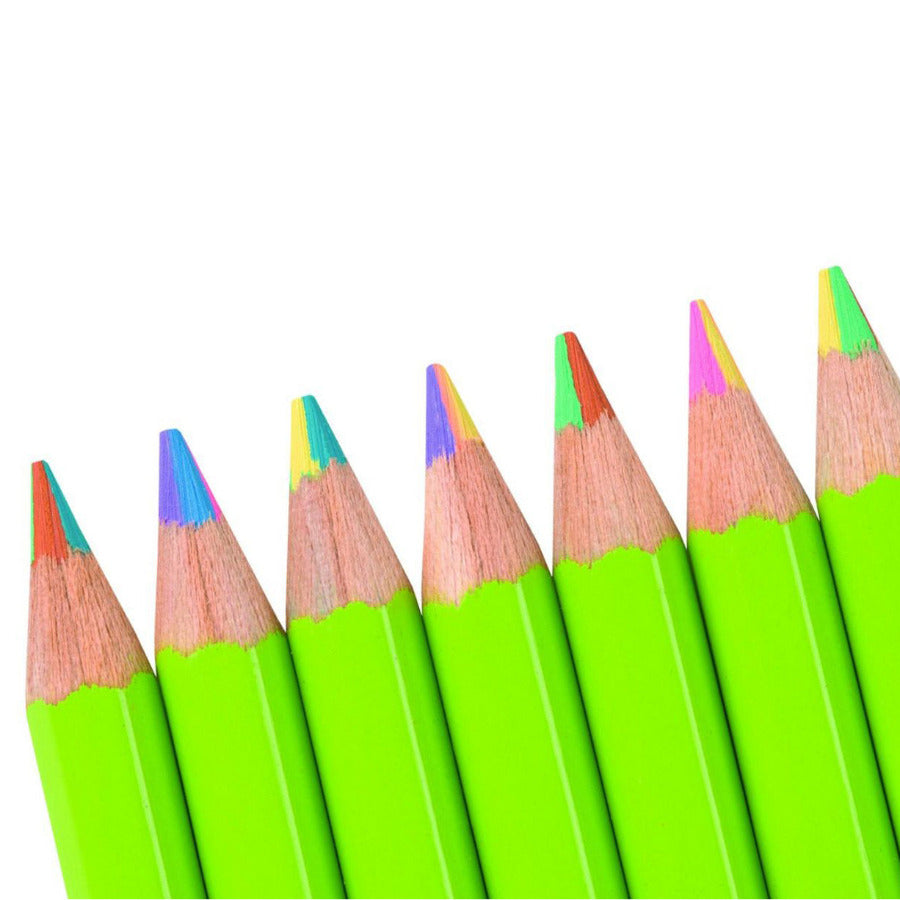 6 rainbow pencils with bright green barrel and multi-color core sharpened and on a white background.
