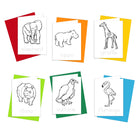 A set of coloring cards with outlines of safari animals on them, including a giraffe, hippo, rhino, elephant, vulture, and flamingo, displayed on a variety of colored backgrounds.