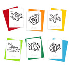 A set of six ocean coastal coloring cards with colorful envelopes, each featuring a black outline drawing of a marine animal such as a fish, snail, starfish, ship, and shell, intended for coloring.