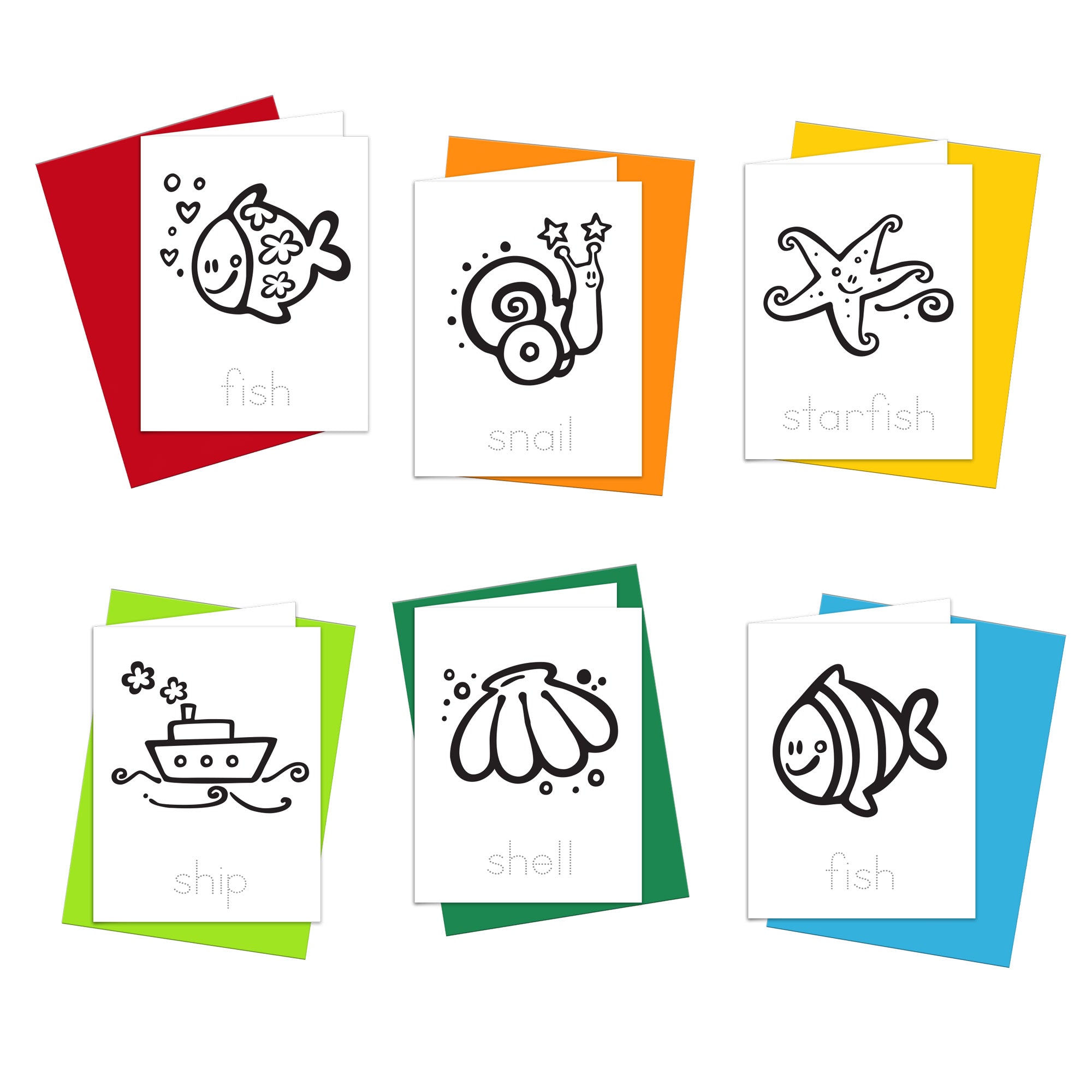 A set of six ocean coastal coloring cards with colorful envelopes, each featuring a black outline drawing of a marine animal such as a fish, snail, starfish, ship, and shell, intended for coloring.