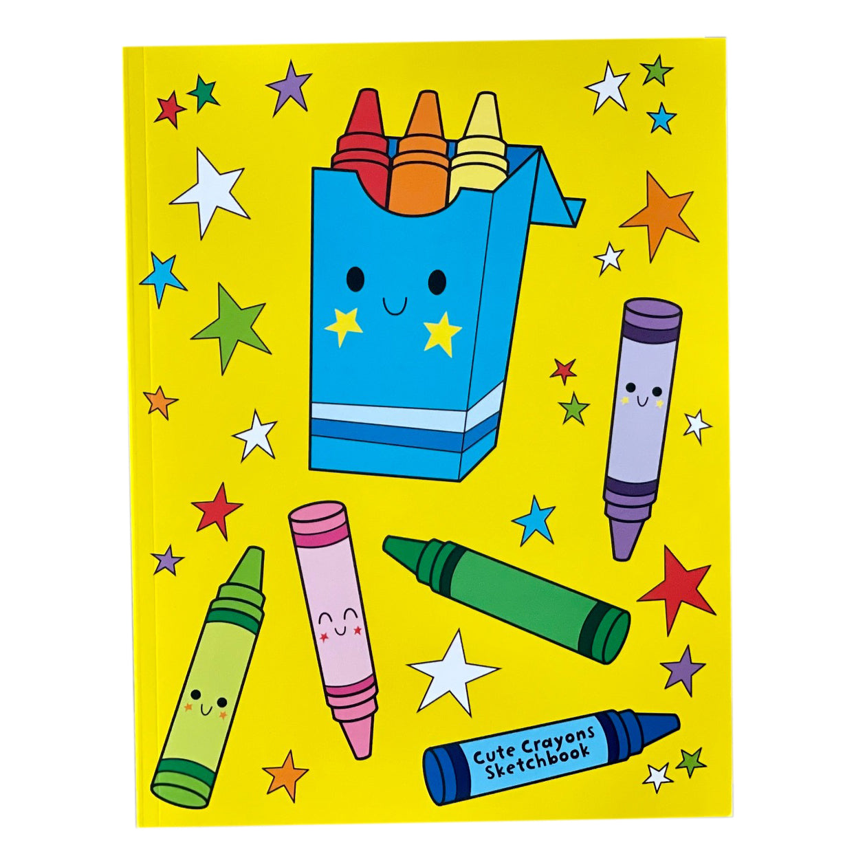 Large size sketchbook with cute kawaii style illustrations of crayons to draw and doodle