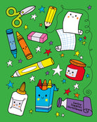 A colorful sketchbook with a cheerful matte finish cover, featuring various Kawaii style art supplies like pencils, pens, and markers.
