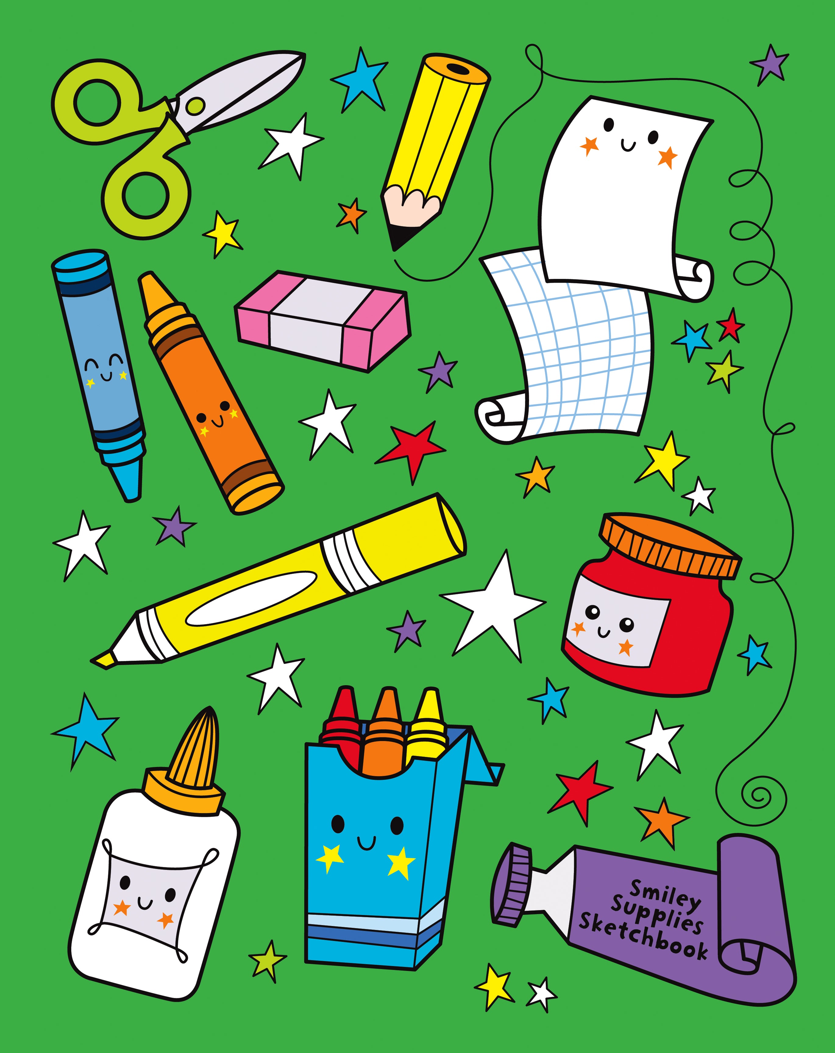 A colorful sketchbook with a cheerful matte finish cover, featuring various Kawaii style art supplies like pencils, pens, and markers.